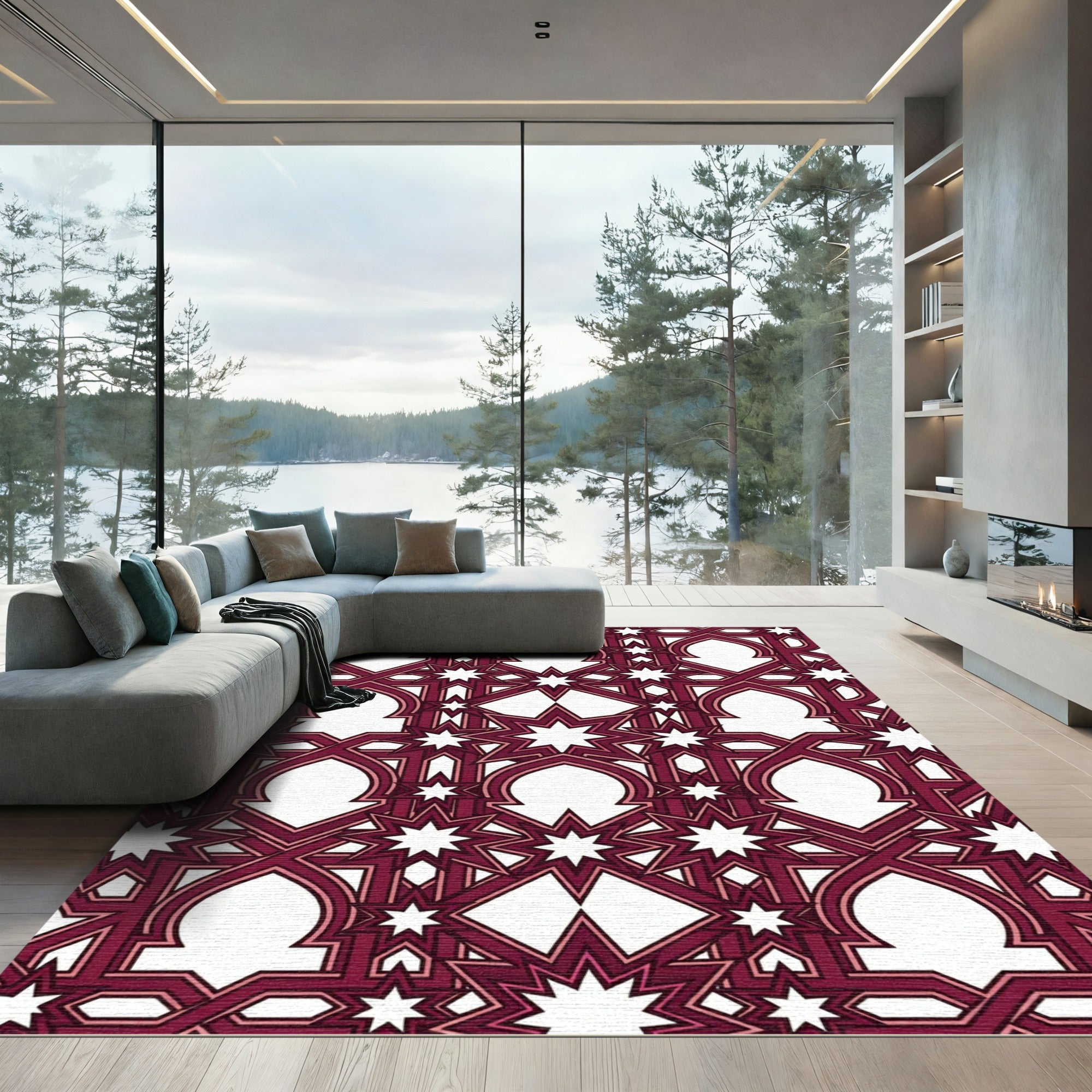 Deep Burgundy Geometric Star Lattice Rug