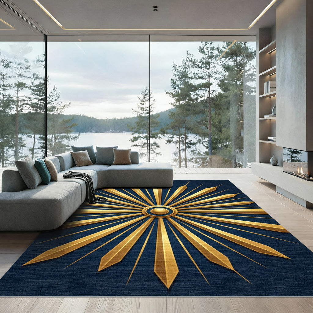 Radiant Gold Sunburst Navy Medallion Rug