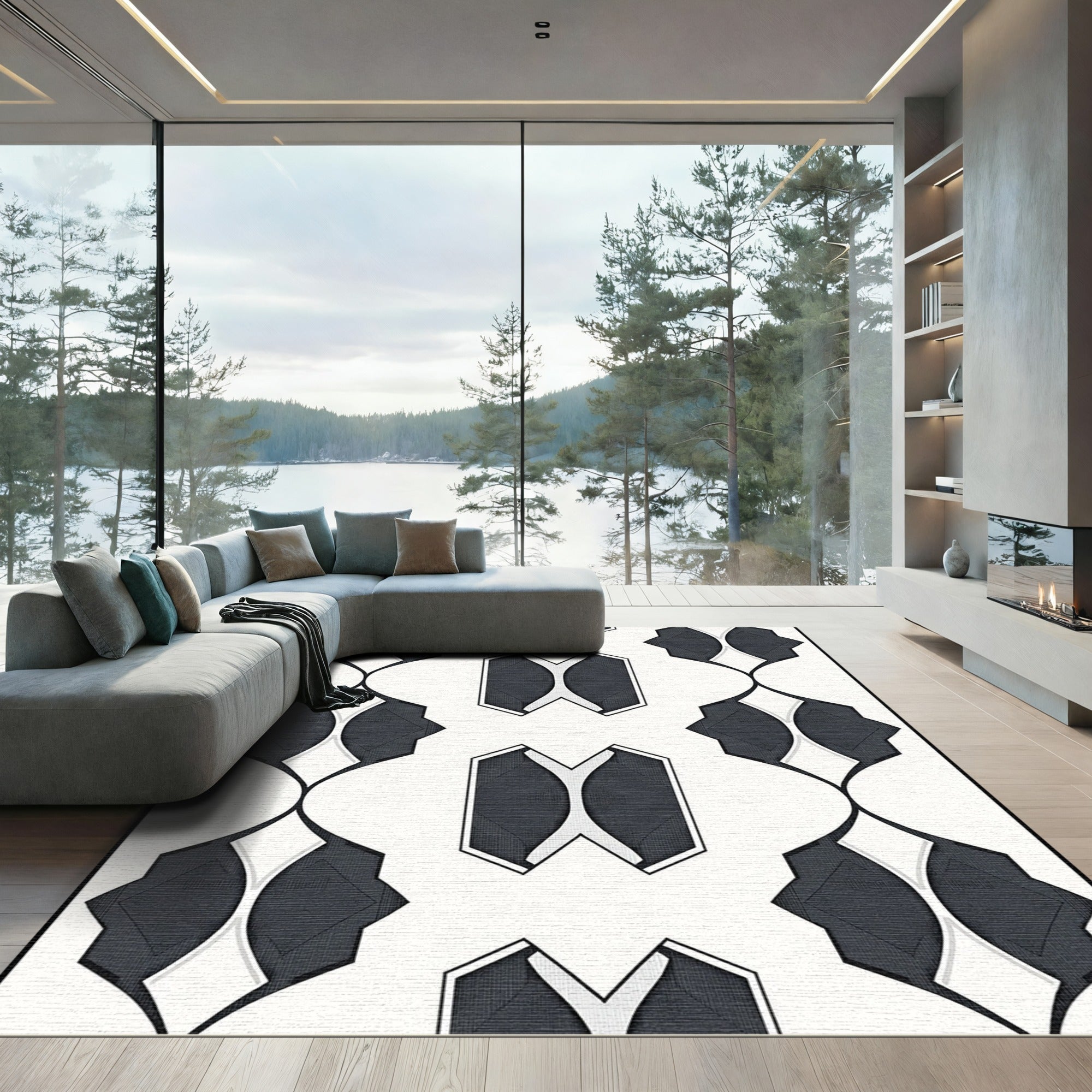 Modern Dark Gray Geometric Oval Rug