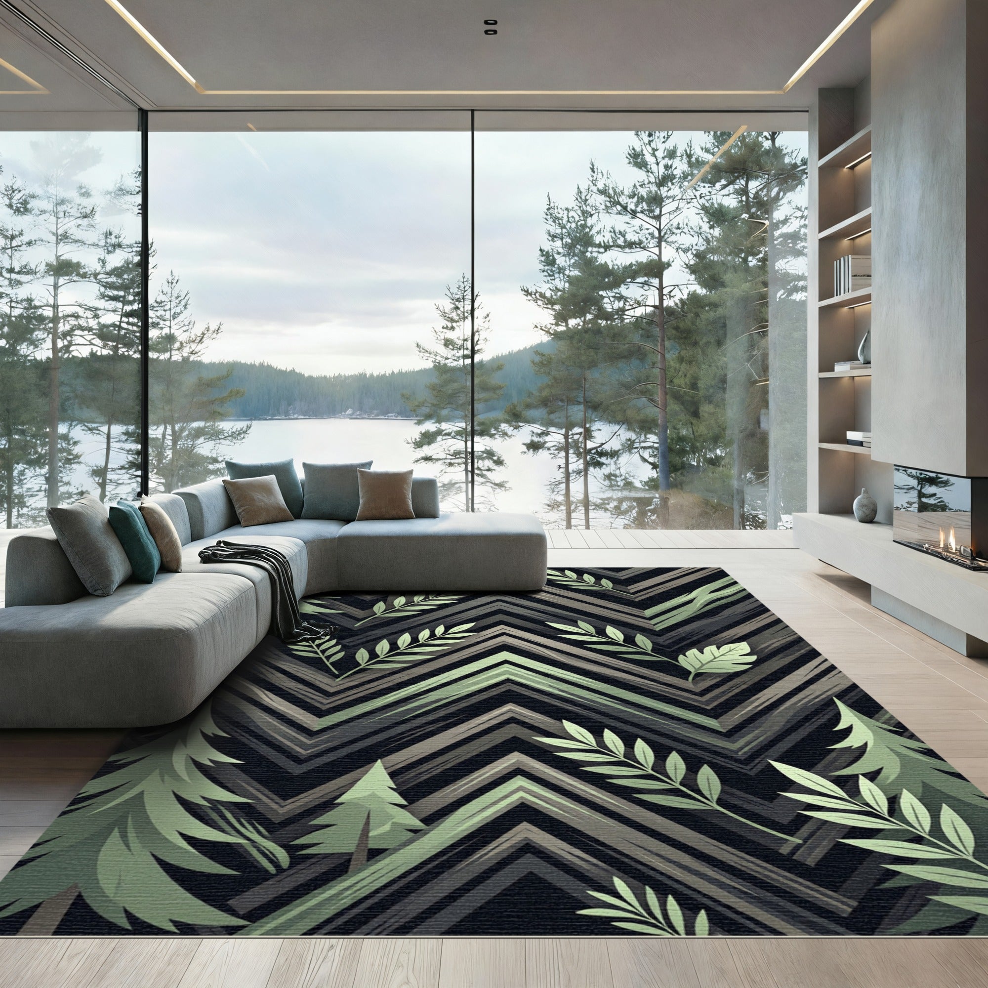 Modern Chevron Pine Forest Foliage Rug