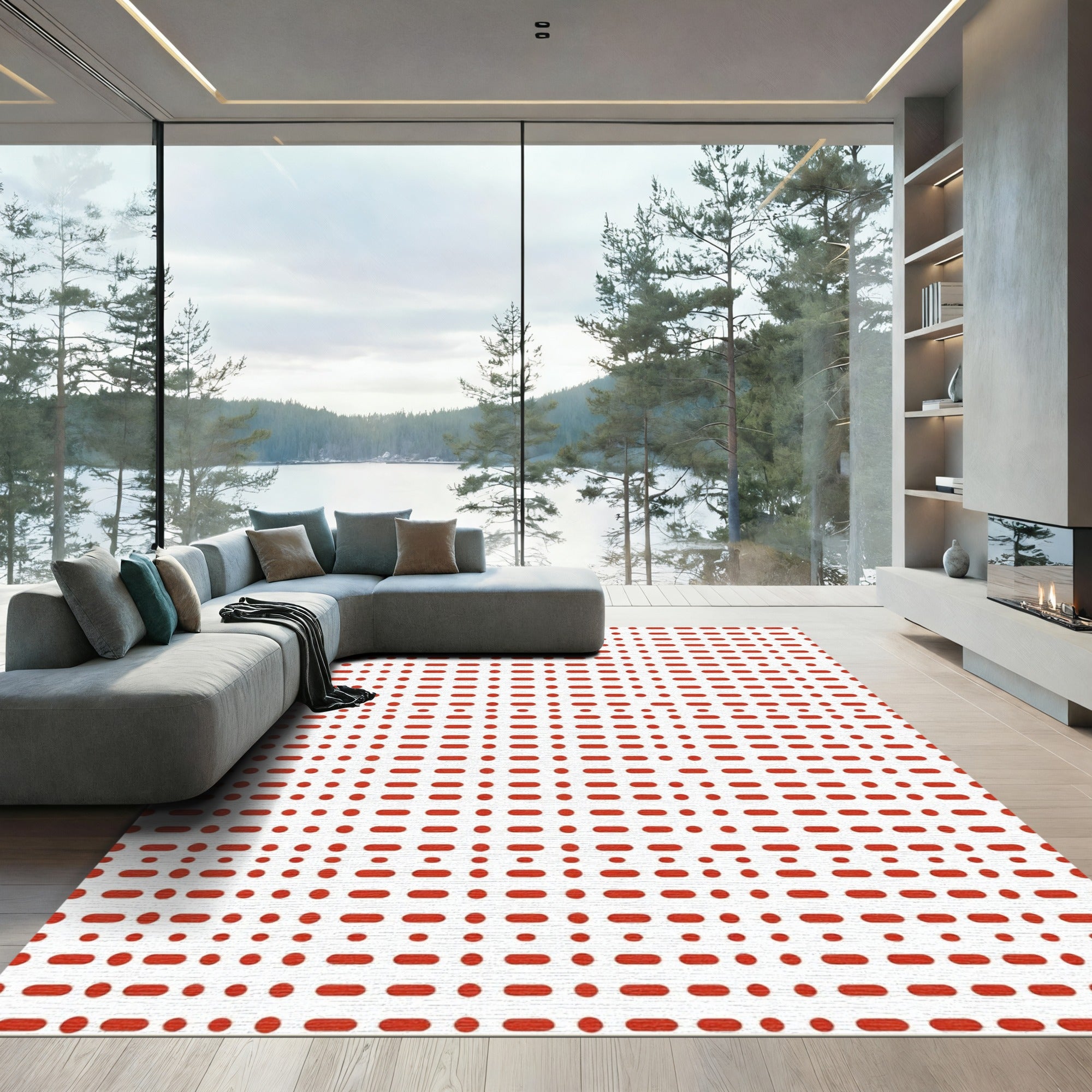 Red Dash Dot Dash Grid Rug