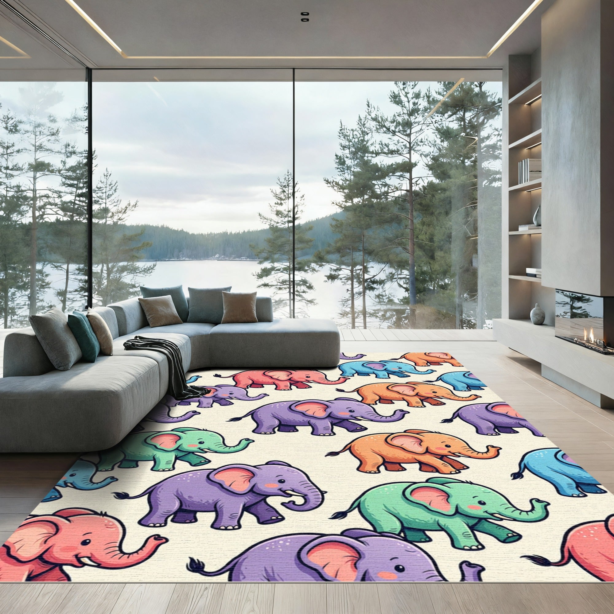 Whimsical Multi-color Elephant Parade Illustration Rug