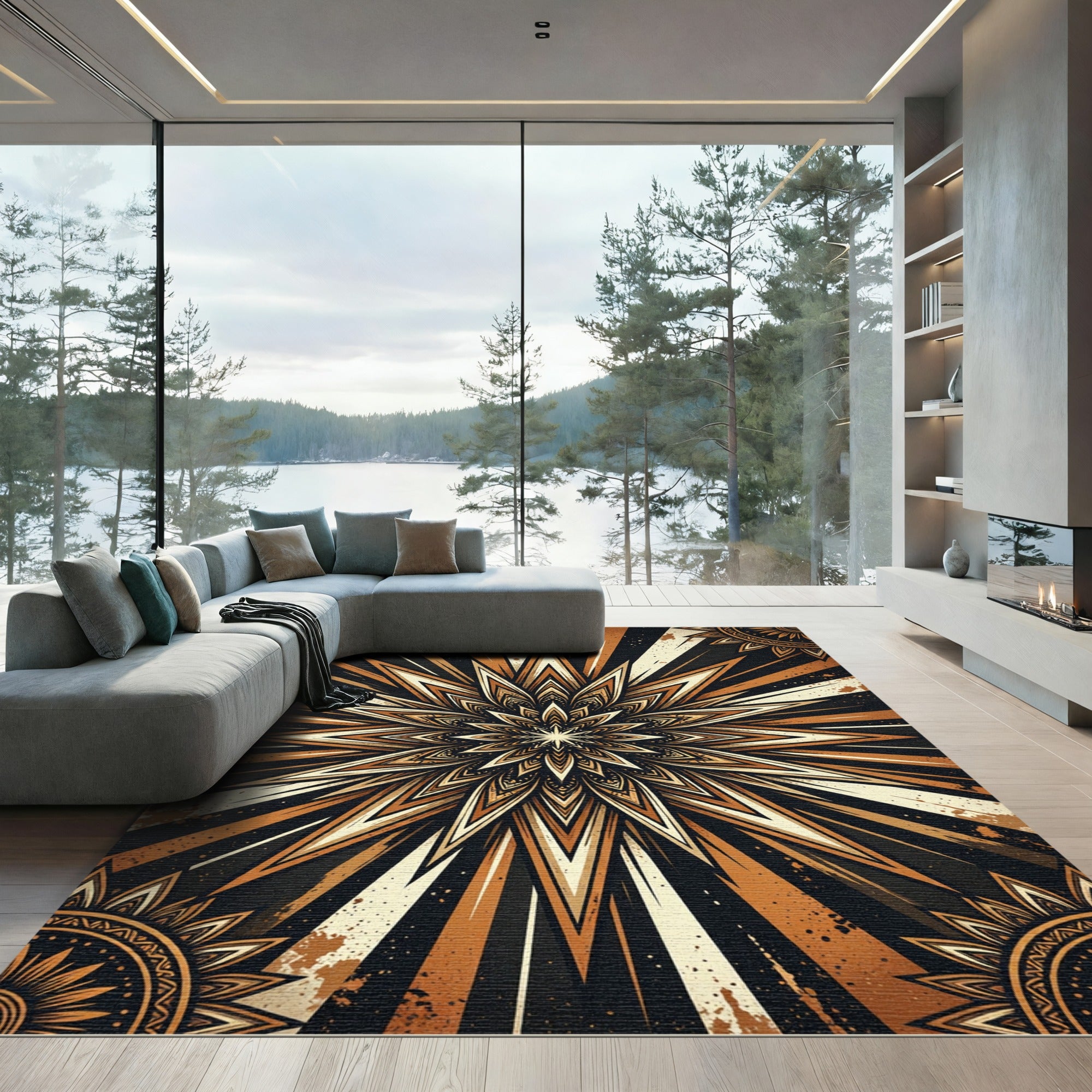 Abstract Celestial Starburst Golden Bronze Rug