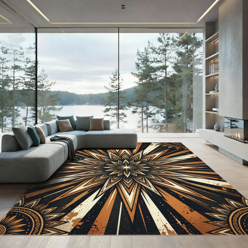 Abstract Celestial Starburst Golden Bronze Rug