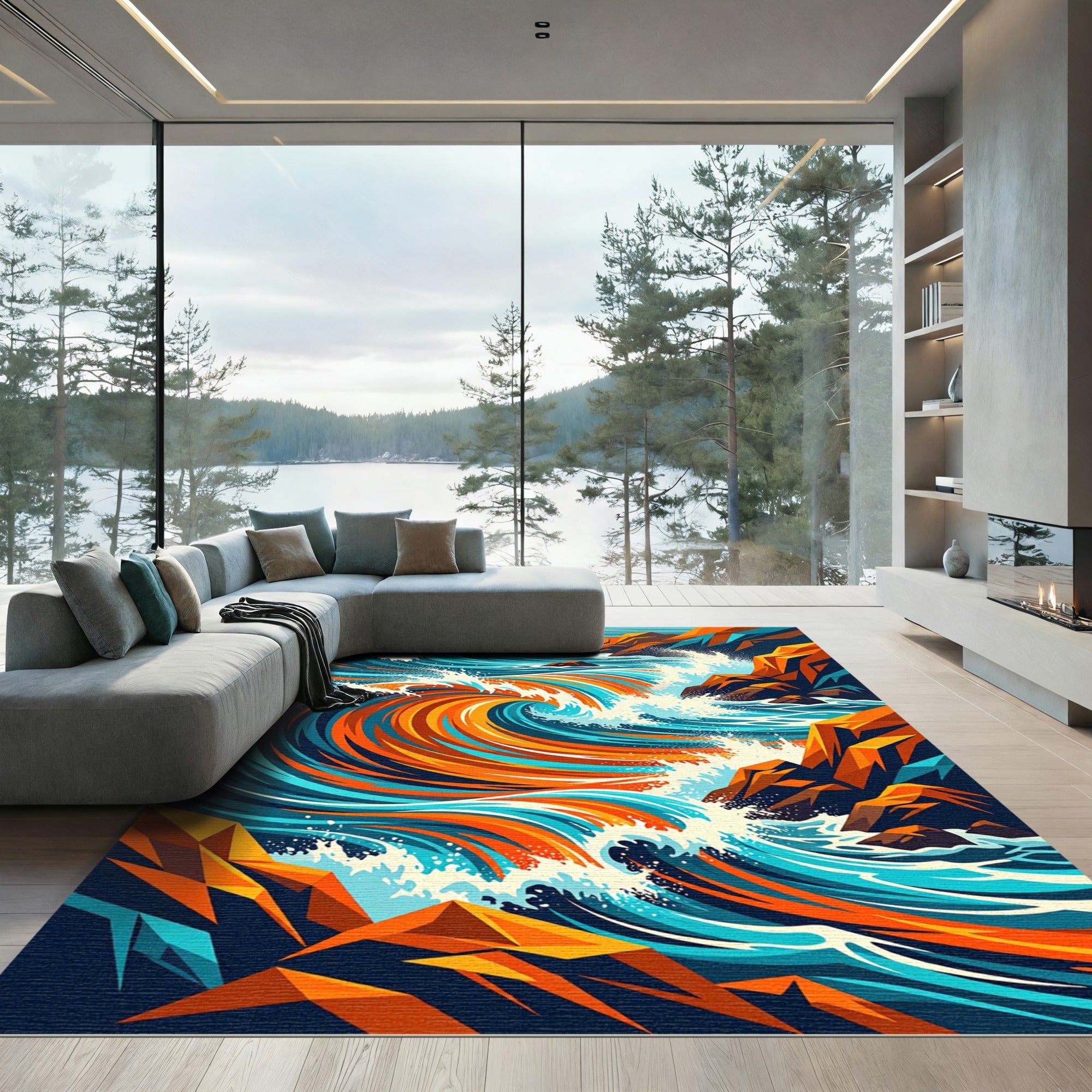 Abstract Vibrant Orange Blue Coastal Wave Rug