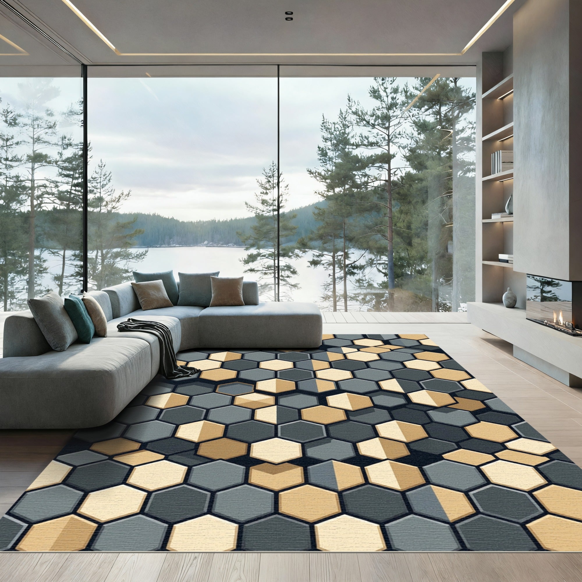 Modern Gray and Gold Hexagon Mosaic Rug