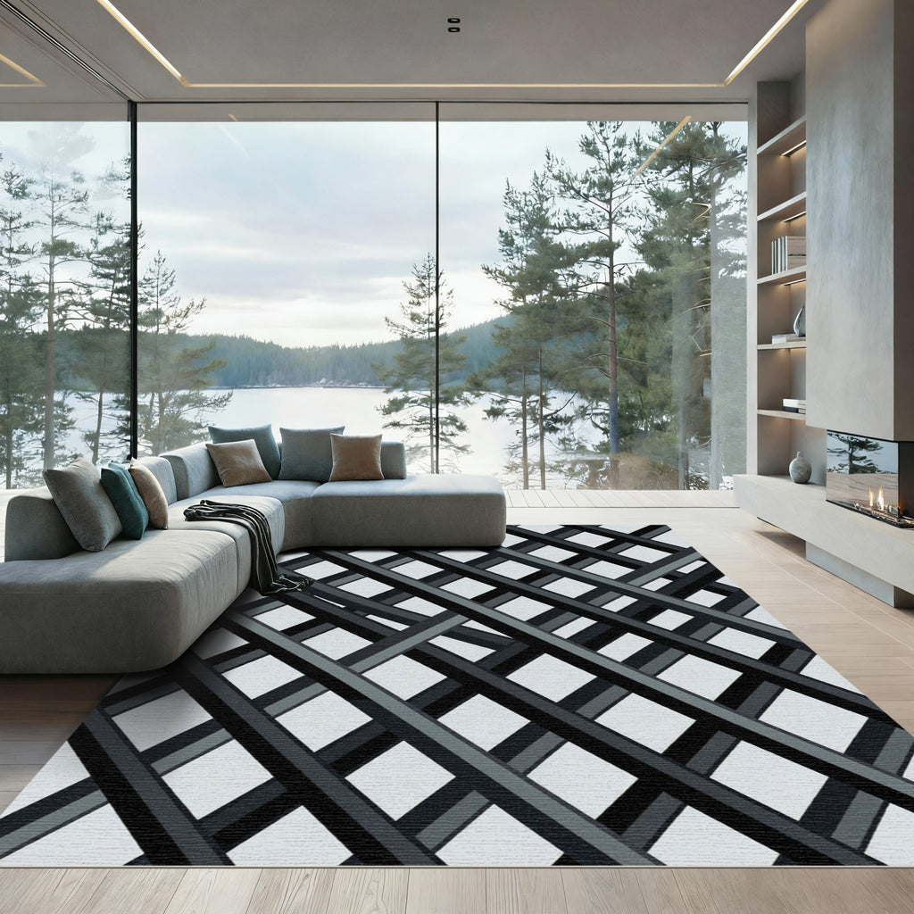 Monochrome Interlocking Diagonal Stripes Rug