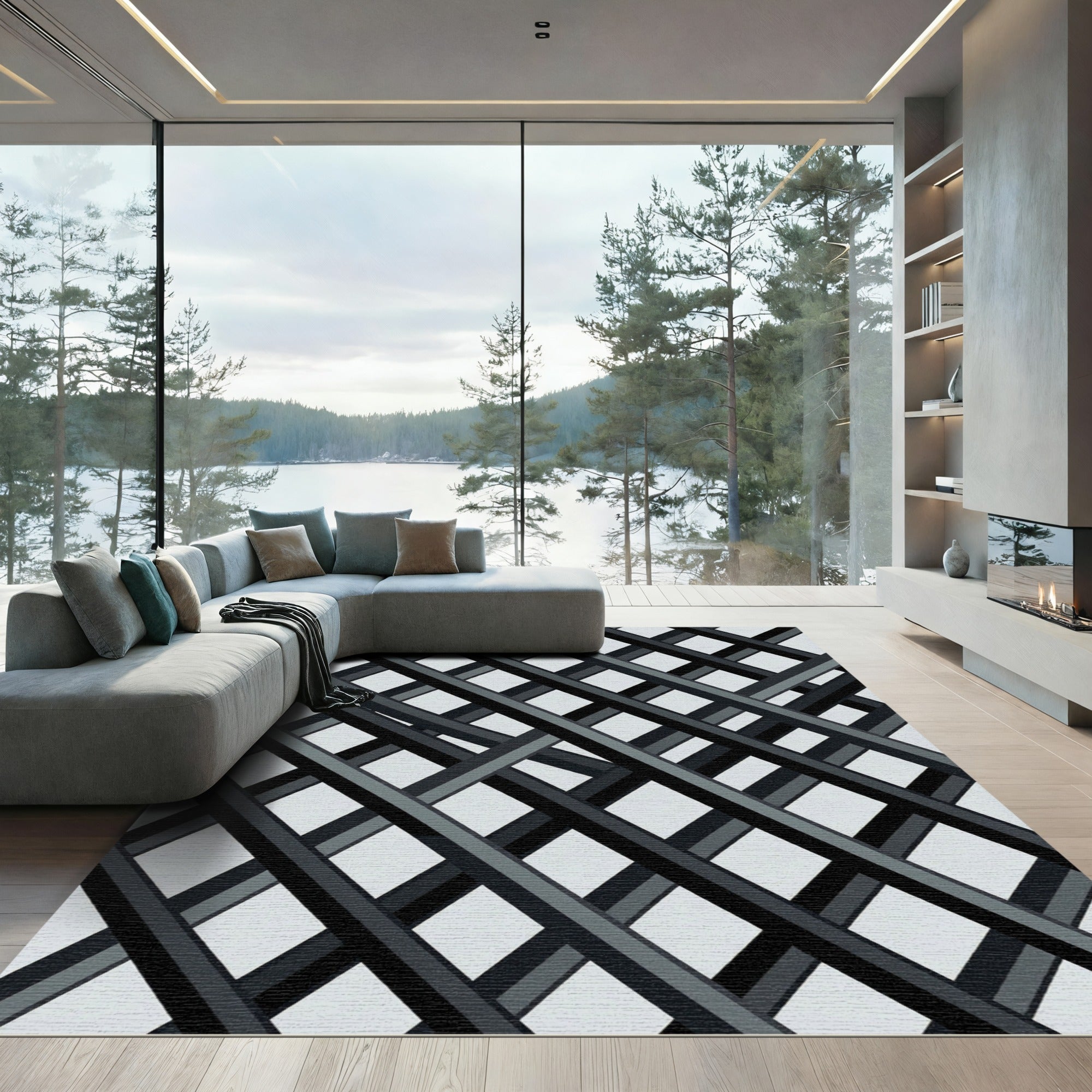 Monochrome Interlocking Diagonal Stripes Rug