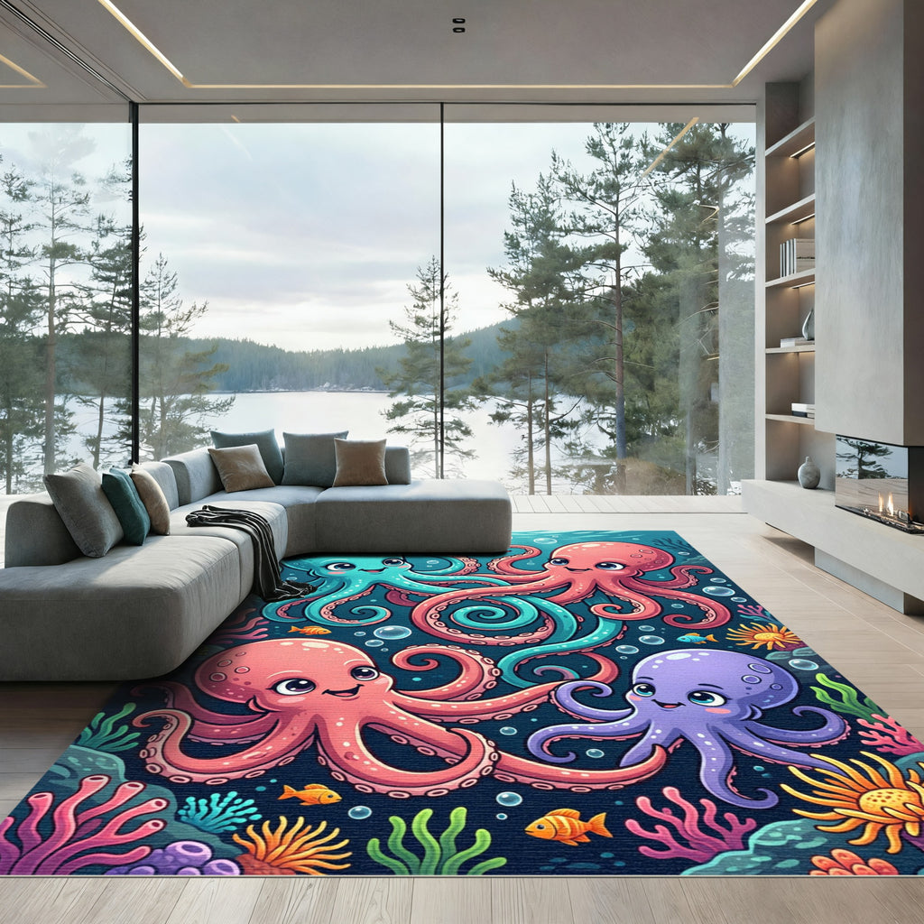 Playful Colorful Octopus Underwater Scene Rug