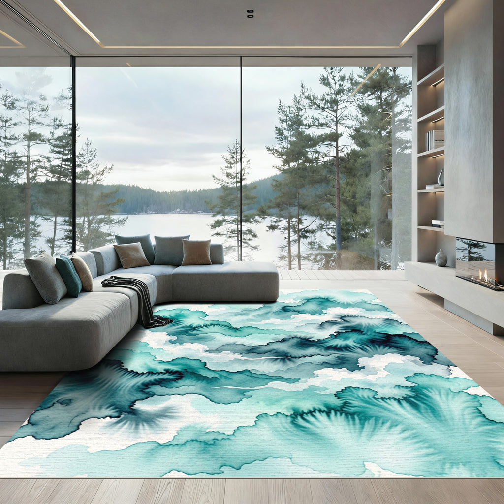 Ethereal Teal Watercolor Cloud Abstract Rug