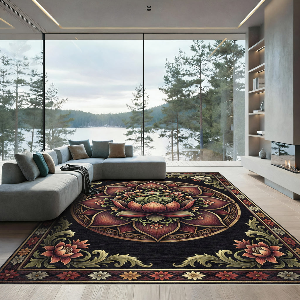 Opulent Deep Crimson Lotus Mandala Rug