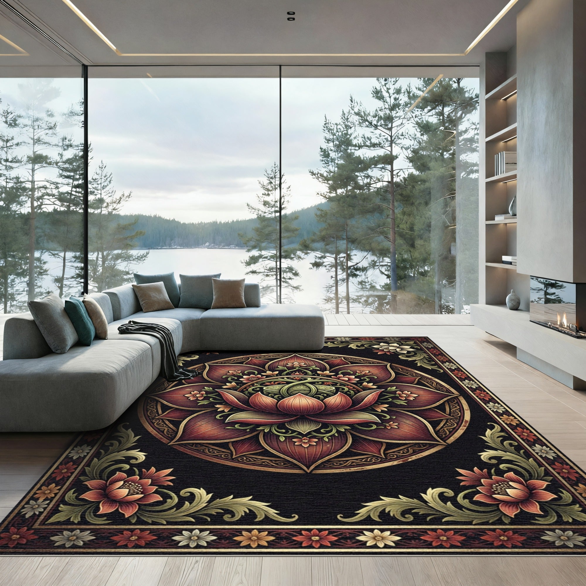 Opulent Deep Crimson Lotus Mandala Rug