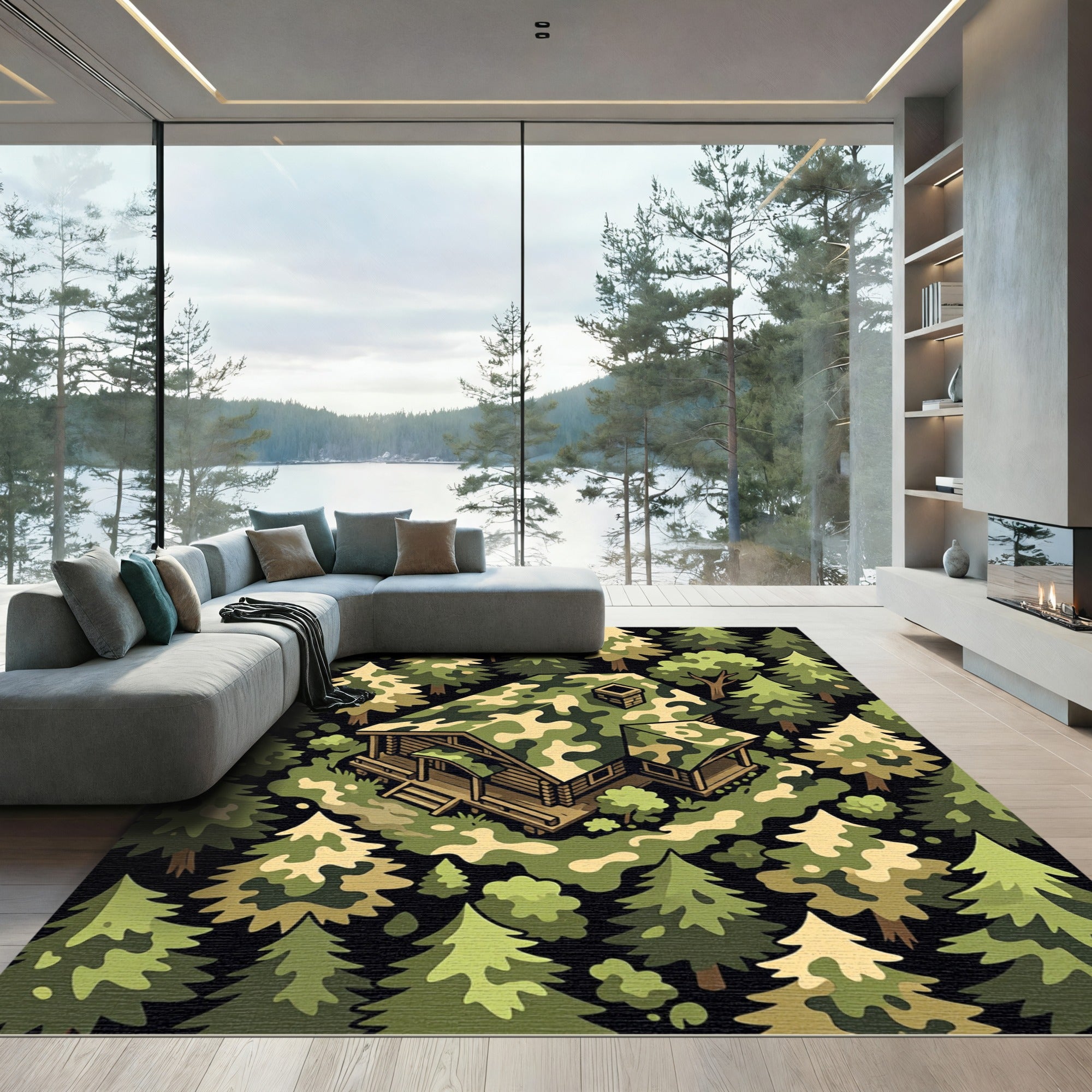 Camo Cabin Forest Isometric Vista Rug
