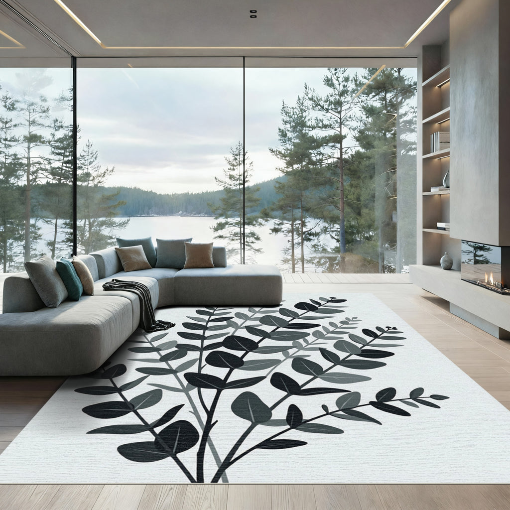 Minimalist Charcoal Eucalyptus Botanical Foliage Art Rug