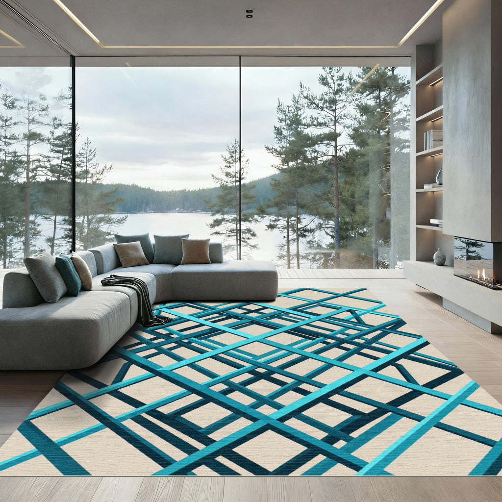 Modern Teal Blue Geometric Intersecting Grid Rug