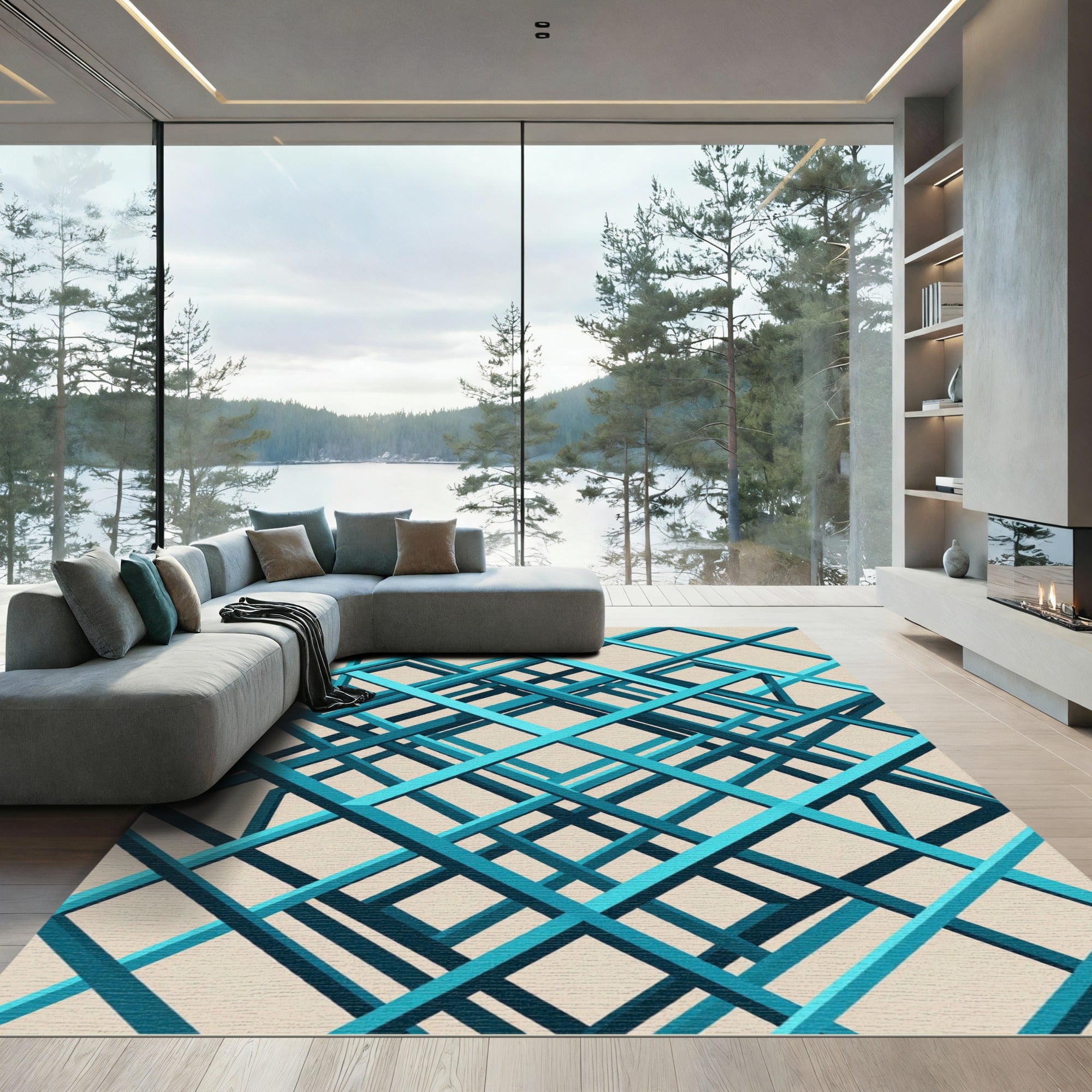 Modern Teal Blue Geometric Intersecting Grid Rug