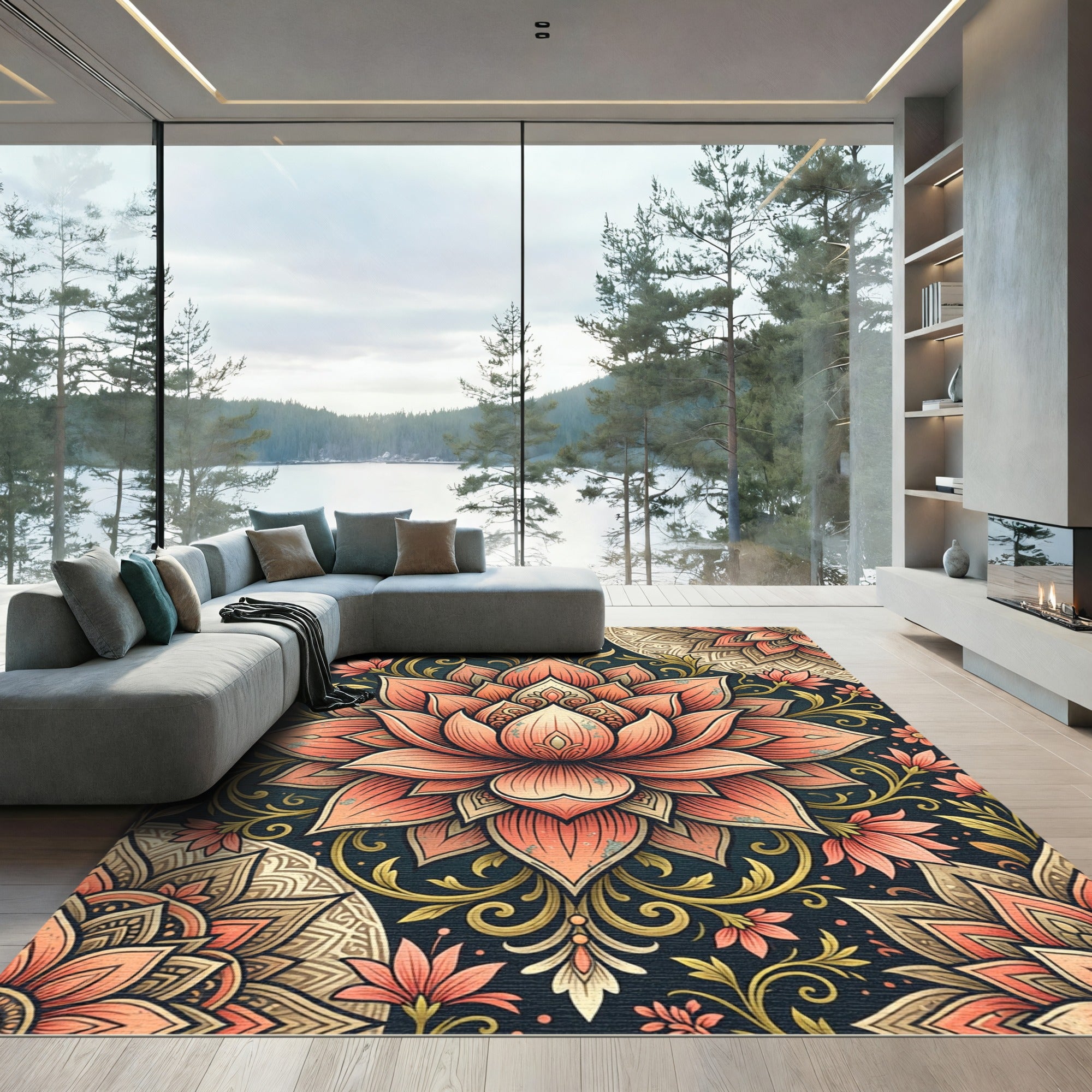Elegant Peach Lotus Floral Medallion Rug