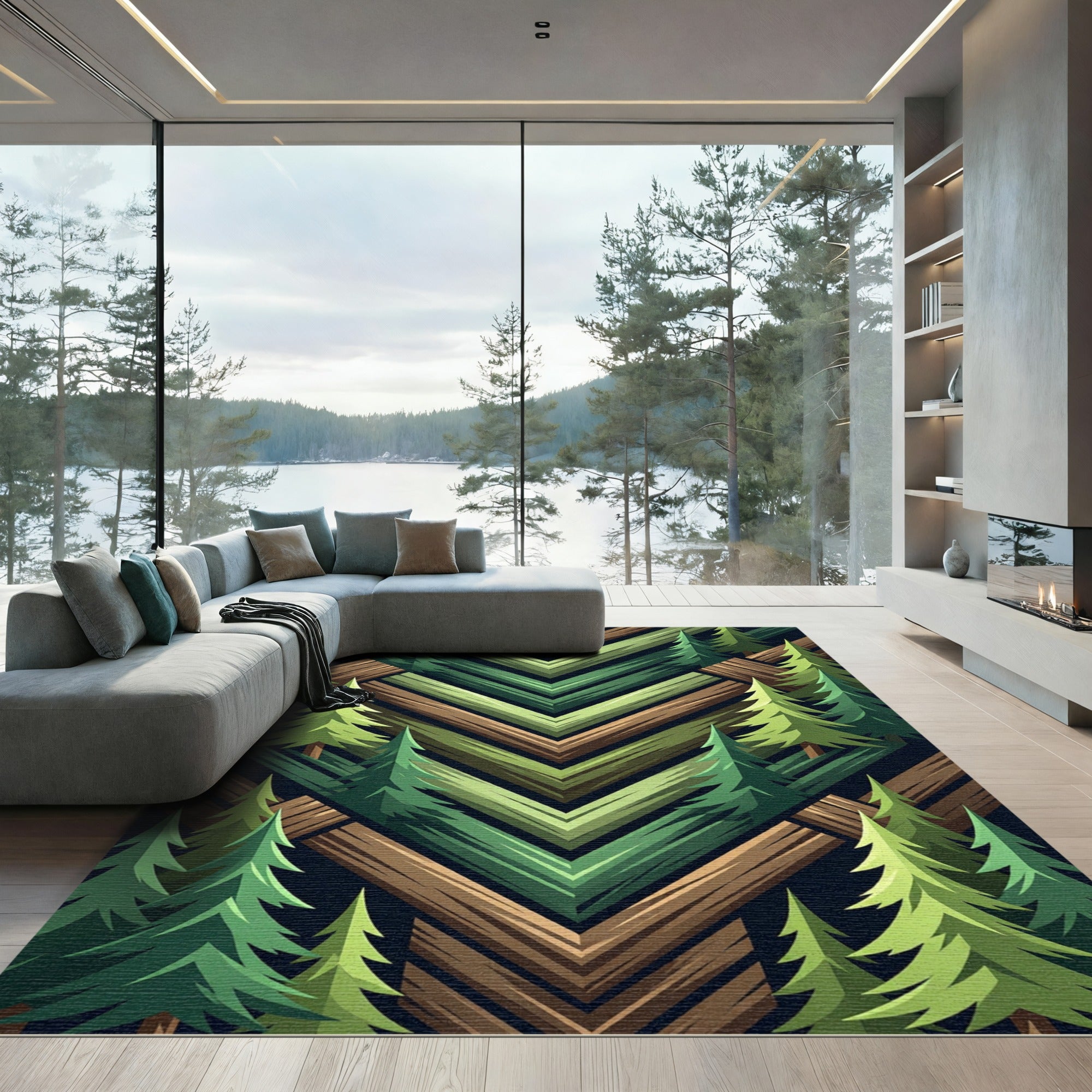 Green Pine Forest Chevron Abstract Rug