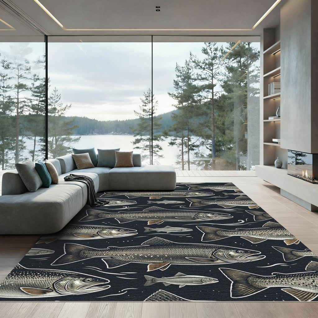Dark Charcoal Trout Fish Wallpaper Rug