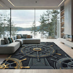 Sophisticated Charcoal Nautical Helm Wave Art Rug