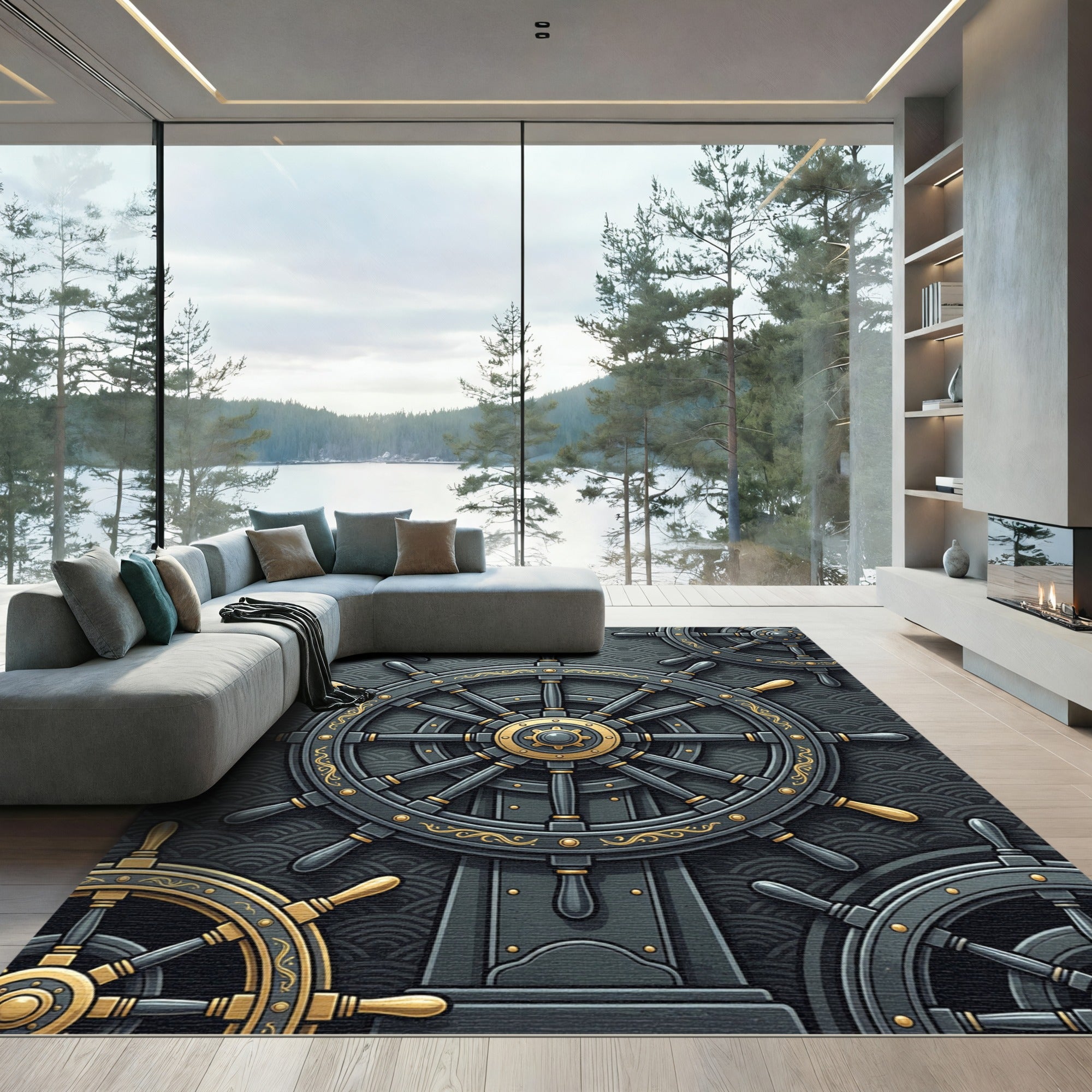 Sophisticated Charcoal Nautical Helm Wave Art Rug
