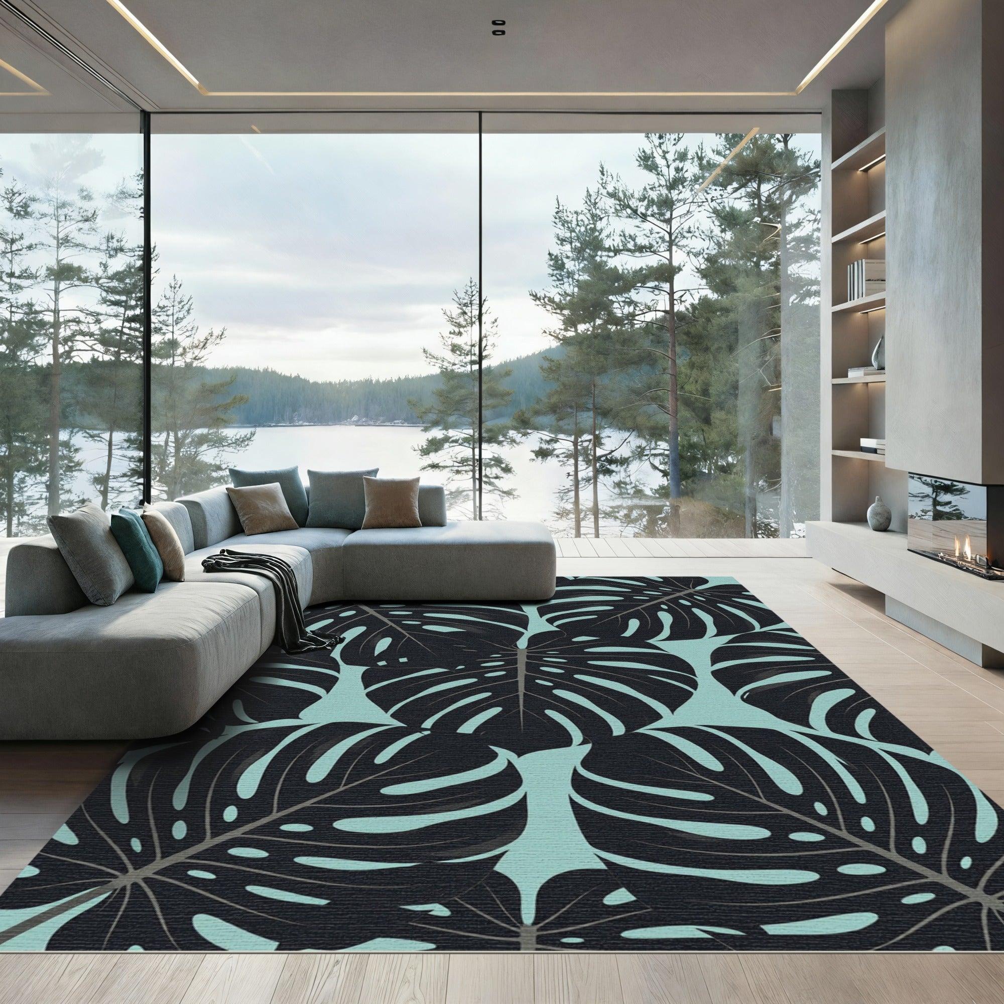 Bold Black Tropical Monstera Leaf Rug