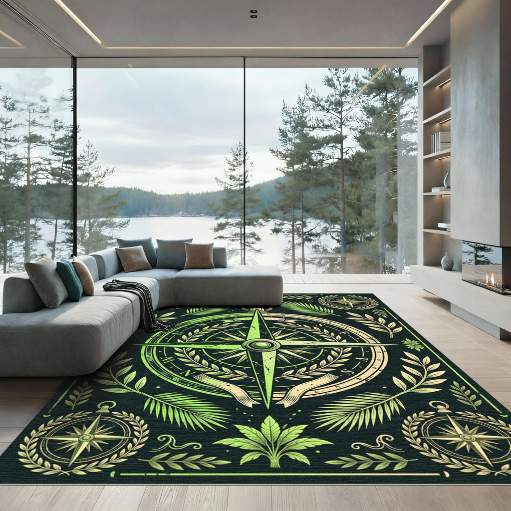 Green Botanical Compass Nautical Illustration Rug