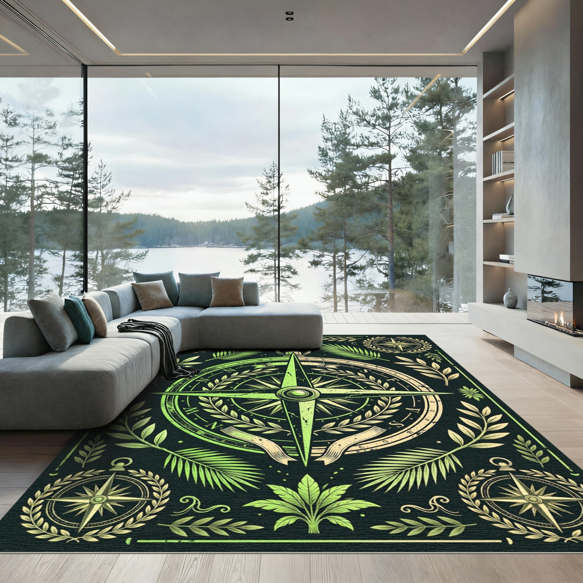 Green Botanical Compass Nautical Illustration Rug