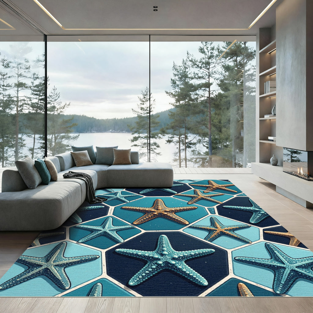 Coastal Oceanic Starfish Blue Hexagon Tiles Rug