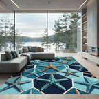 Coastal Oceanic Starfish Blue Hexagon Tiles Rug