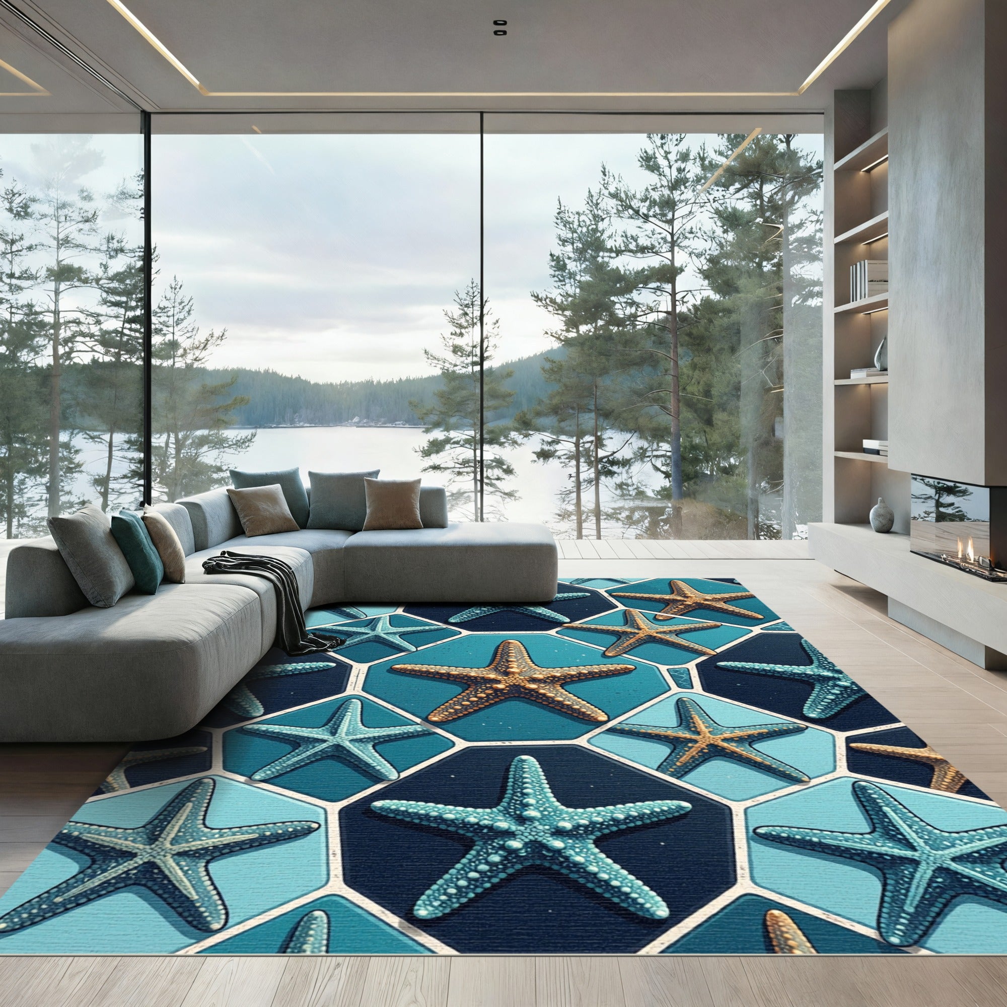 Coastal Oceanic Starfish Blue Hexagon Tiles Rug