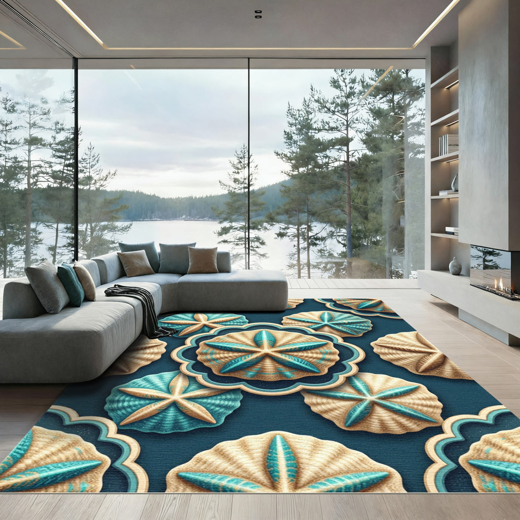 Coastal Teal Sand Dollar Medallion Rug