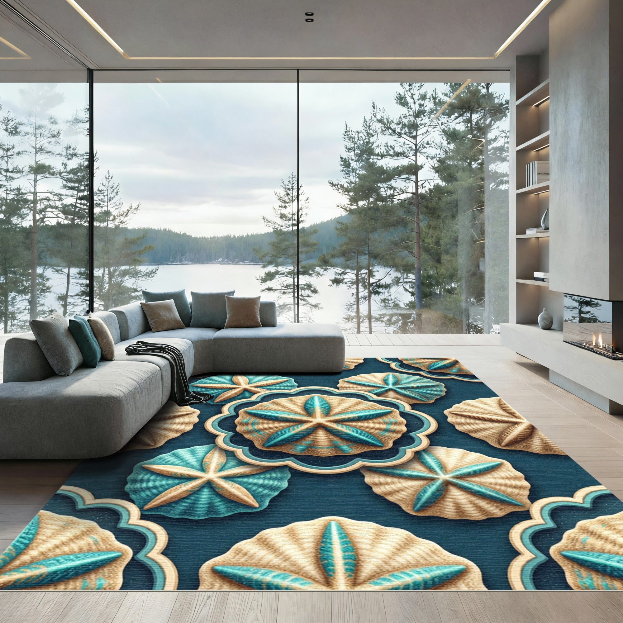 Coastal Teal Sand Dollar Medallion Rug