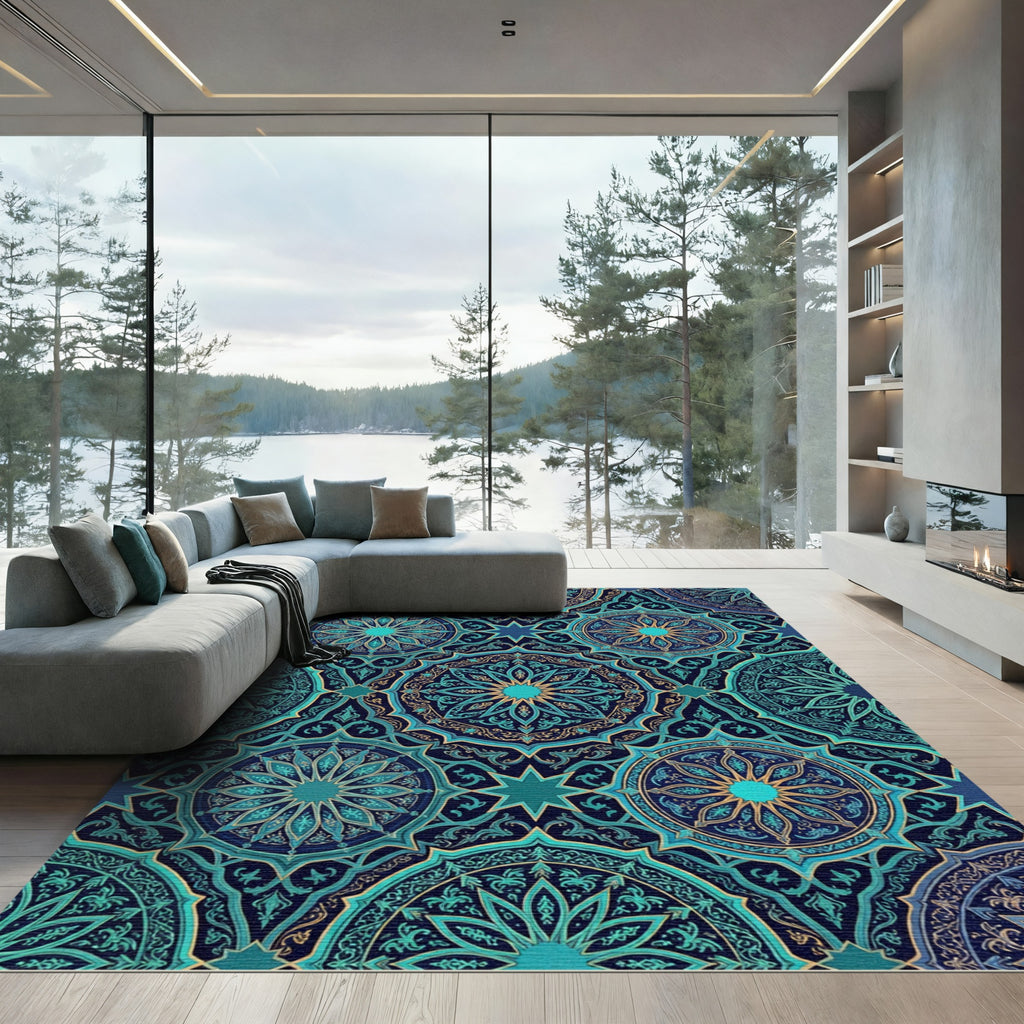 Teal Mandala Geometric Star Medallion Rug