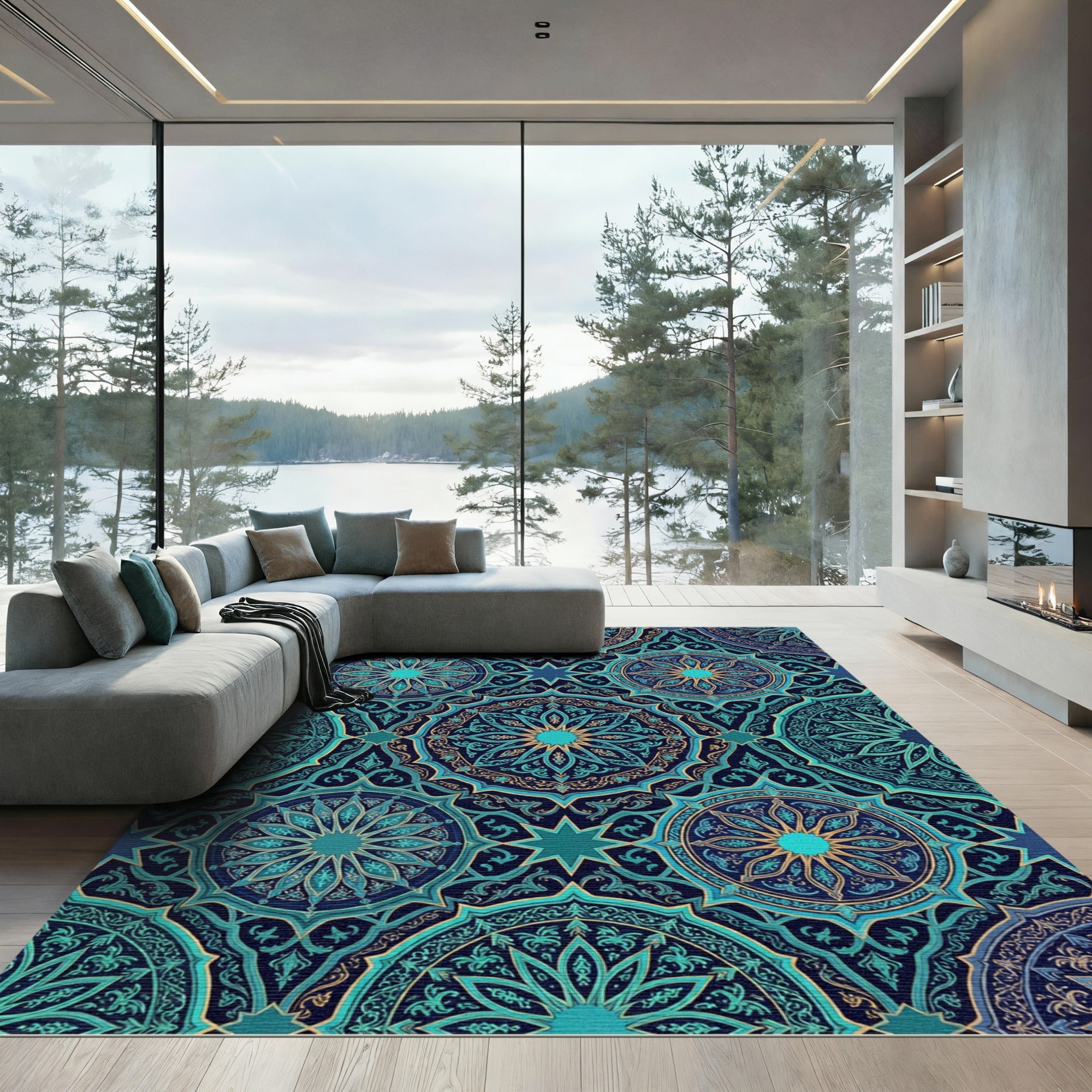 Teal Mandala Geometric Star Medallion Rug