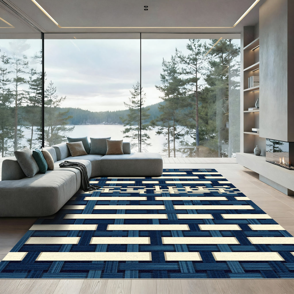 Navy Blue Hand Woven Grid Texture Rug