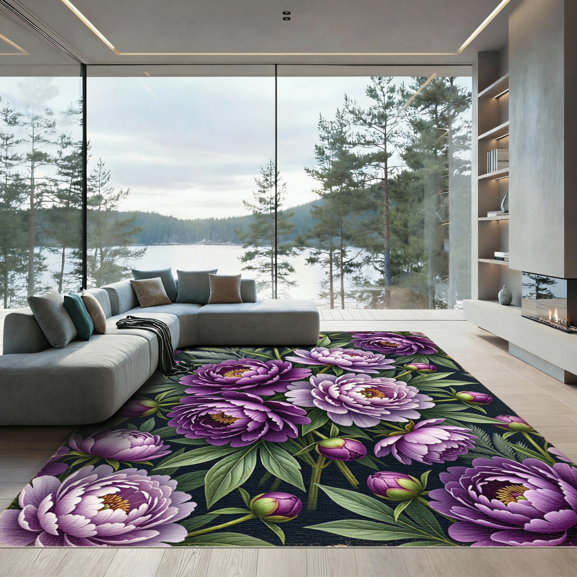 Lush Purple Peony Floral Botanical Arrangement Rug