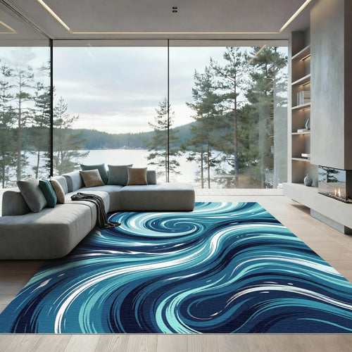 Abstract Ocean Blue Swirl Wave Rug