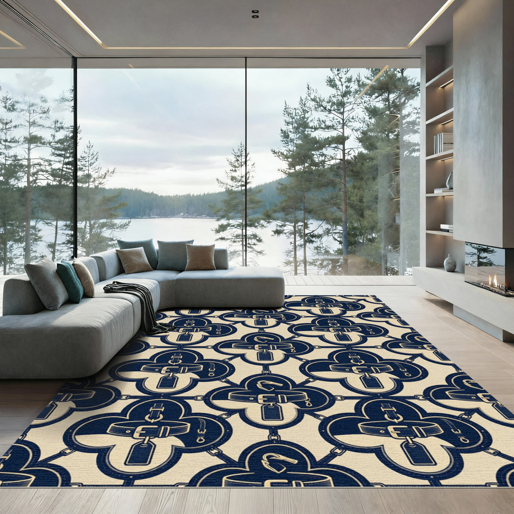 Navy Cream Equestrian Buckle Quatrefoil Rug
