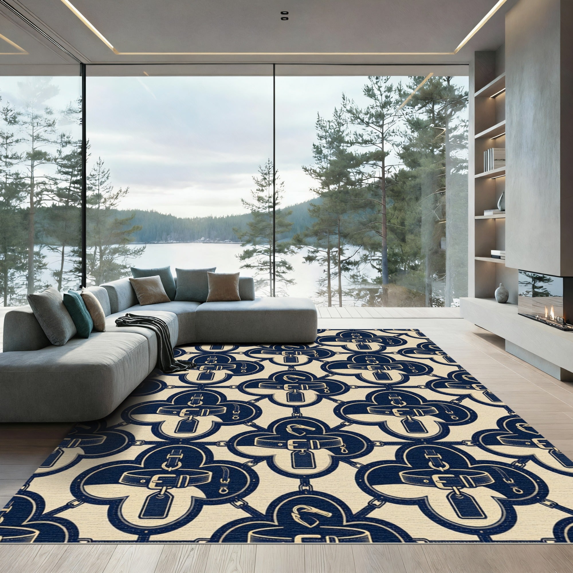 Navy Cream Equestrian Buckle Quatrefoil Rug