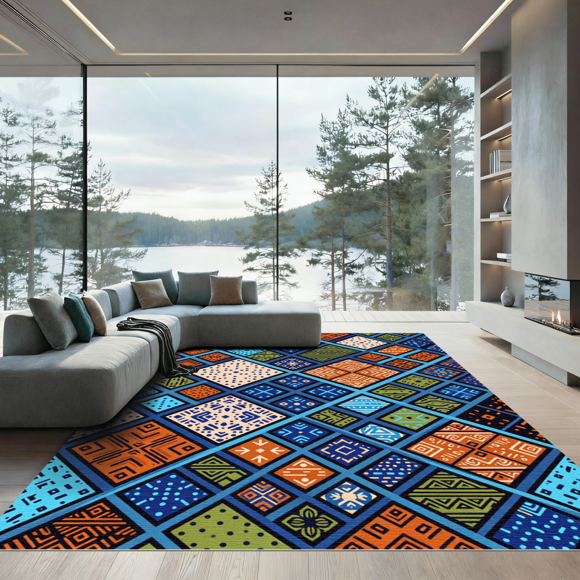 Vibrant Multicolored Geometric Afrocentric Diamond Grid Rug