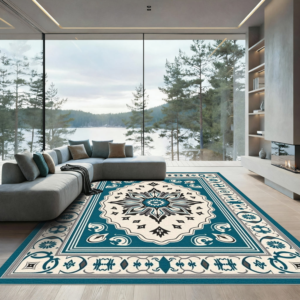 Teal Black Cream Medallion Border Rug