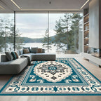 Teal Black Cream Medallion Border Rug