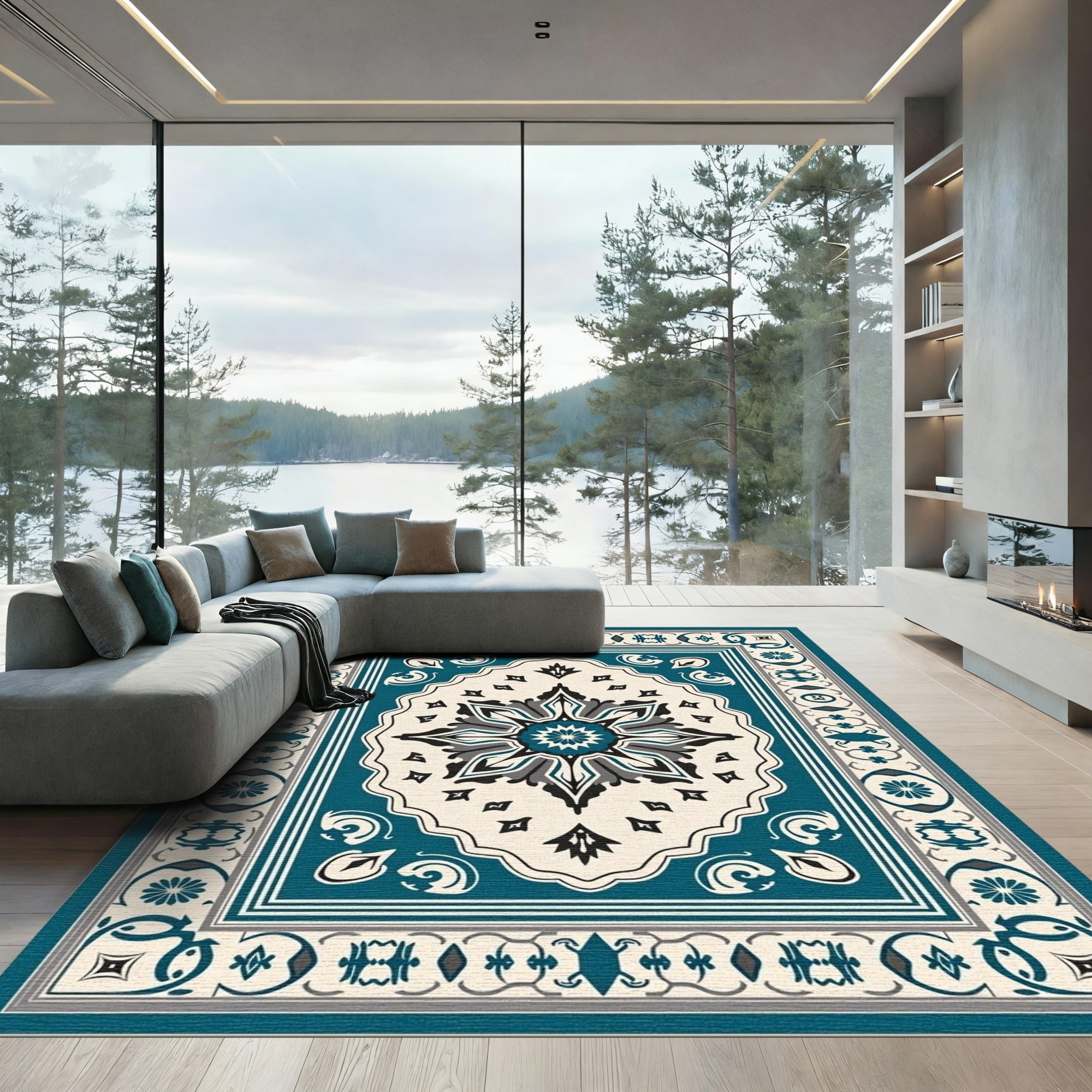 Teal Black Cream Medallion Border Rug