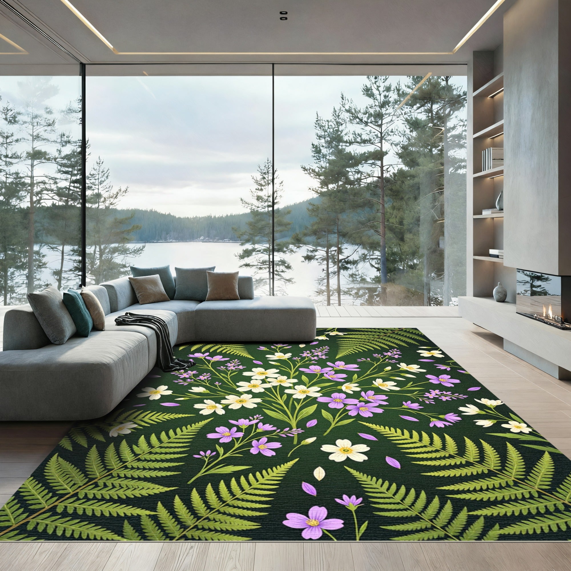 Botanical Fern and Wildflower Forest Meadow Rug
