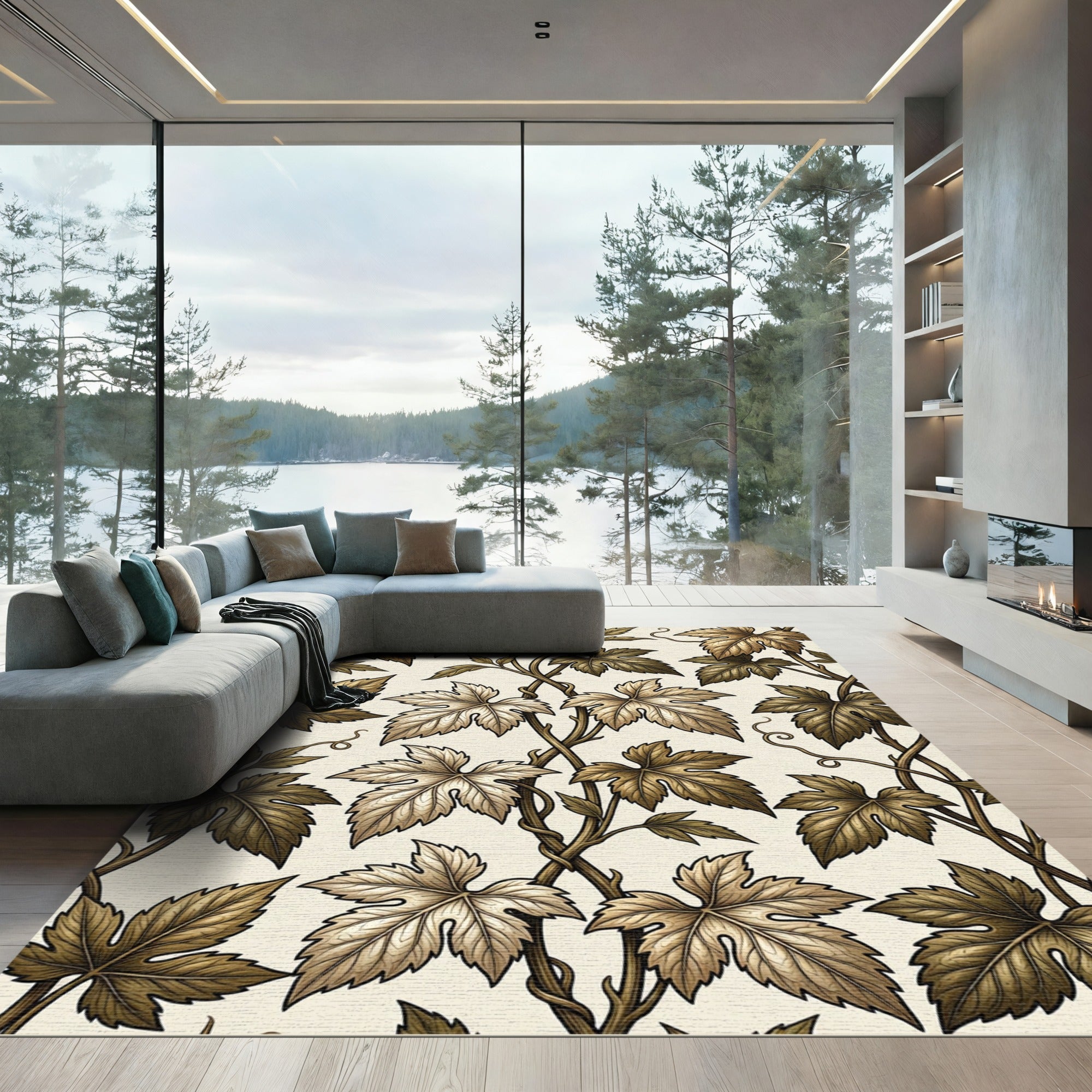 Golden Vine Leaf Tapestry Rug
