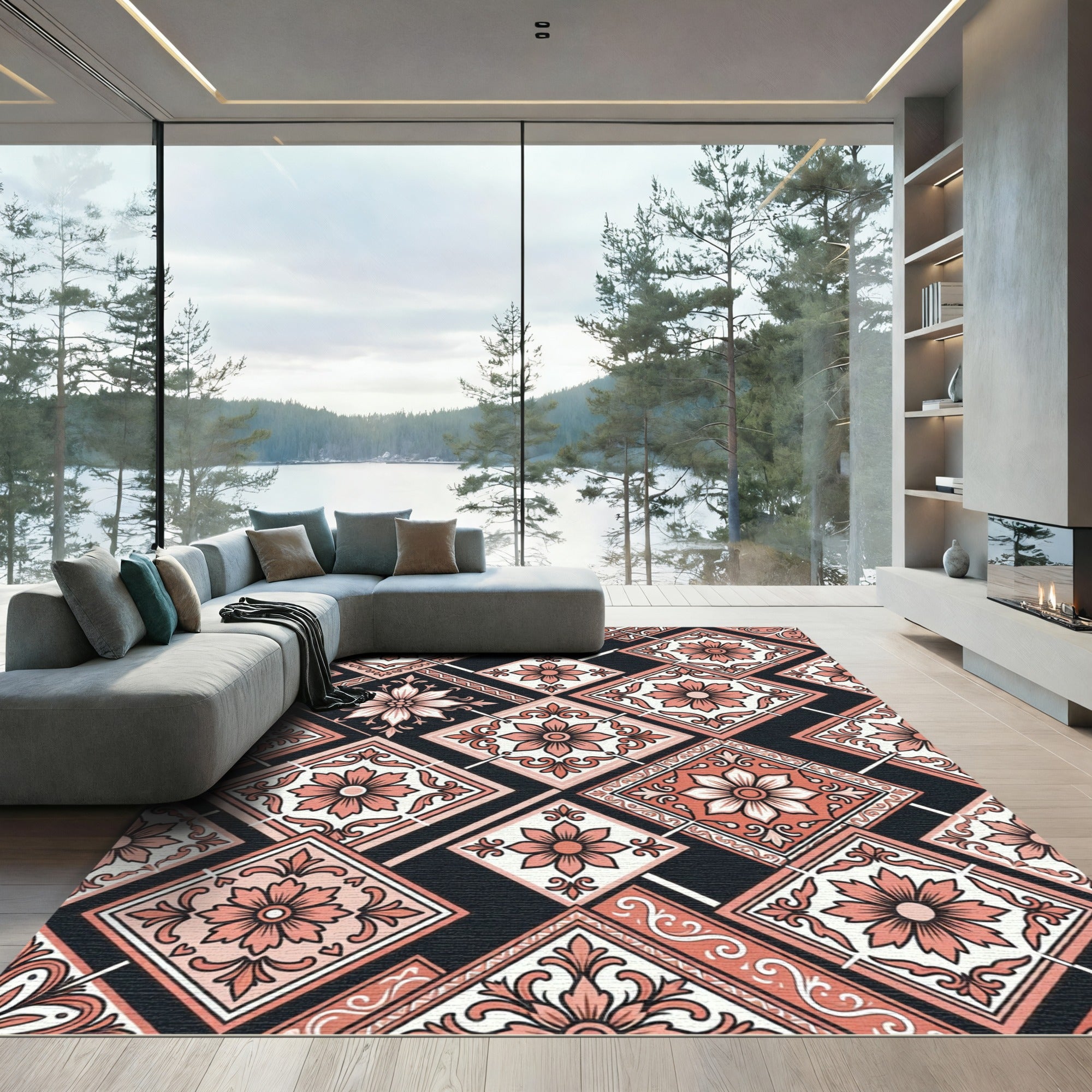 Coral Floral Medallion Diamond Pattern Rug