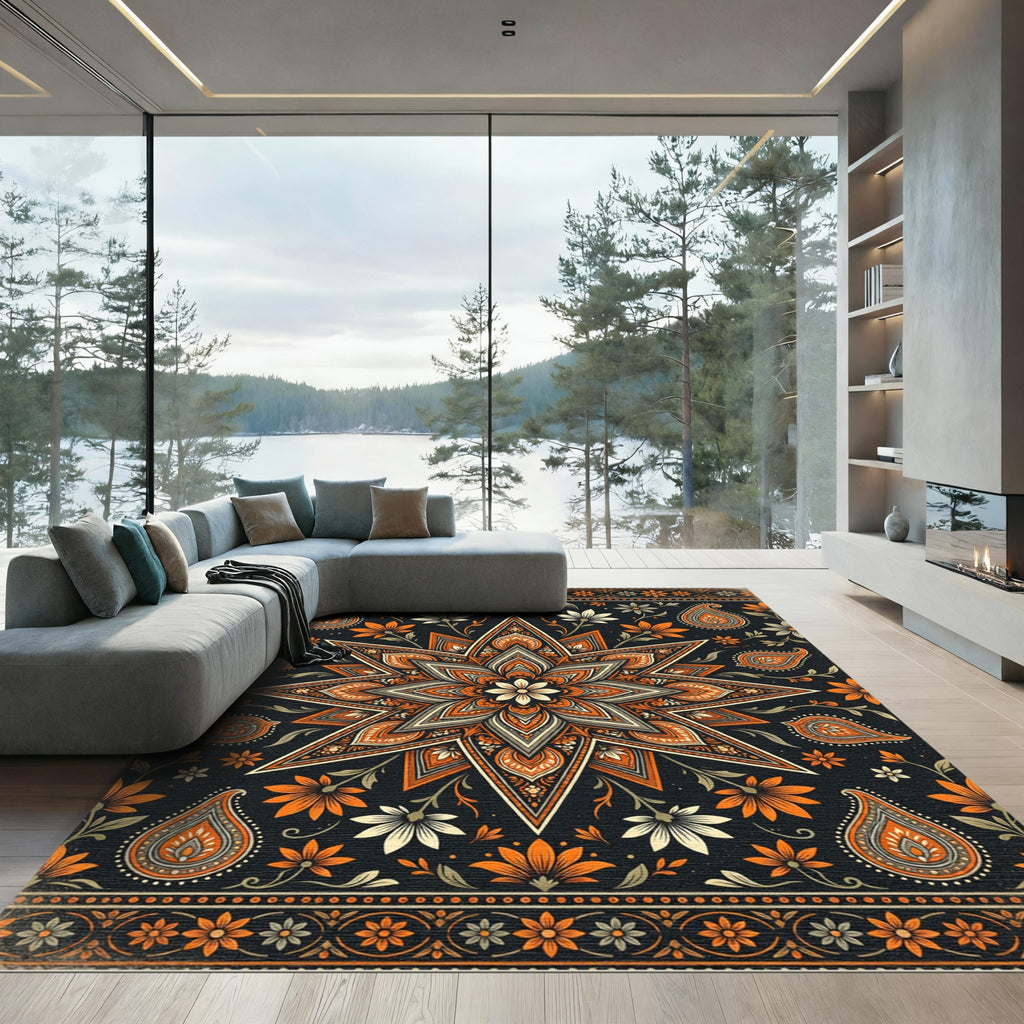 Orange Black Floral Starburst Mandala Rug
