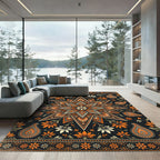 Orange Black Floral Starburst Mandala Rug