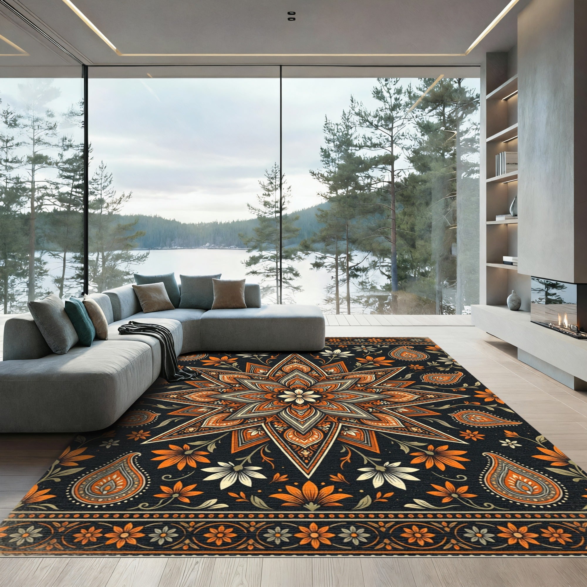 Orange Black Floral Starburst Mandala Rug